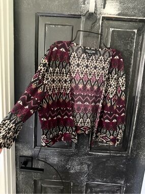 Perceptions Open-Front Aztec Cardigan Sweater - Burgundy, Black, Cream